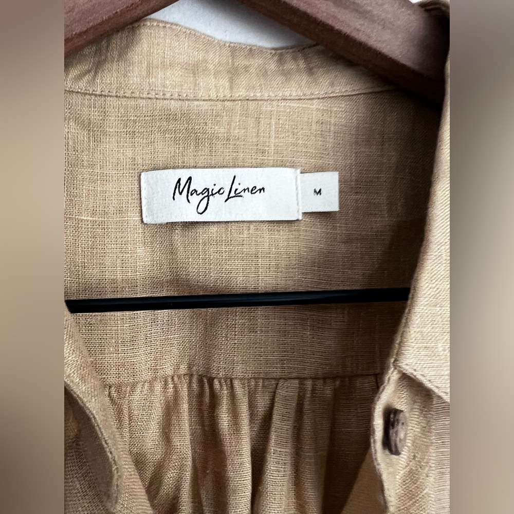 Magic Linen Women's Lightweight Shirt Button Up blouse tan M - Picture 3 of 5
